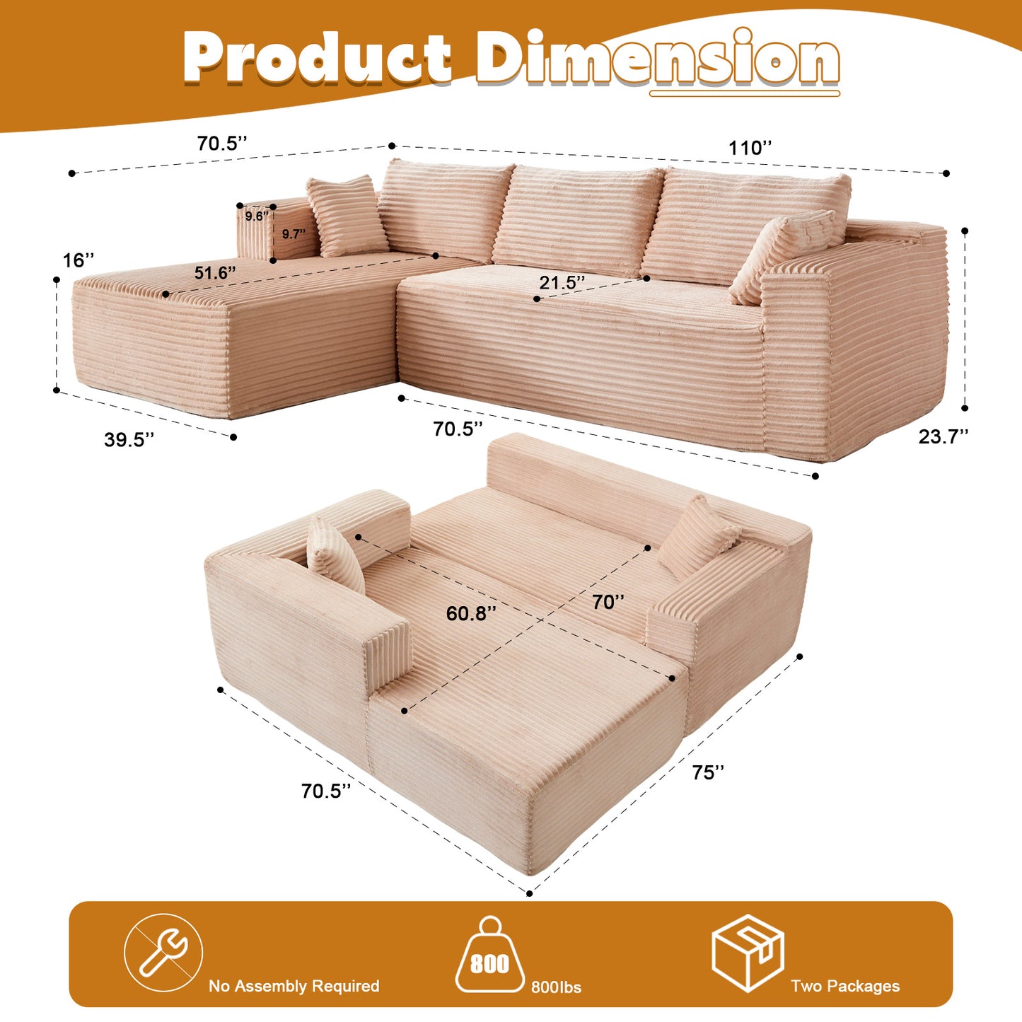 Premium Compression Sectional Sofa with Chaise - Minimalist L-Shape Couch for Modern Living