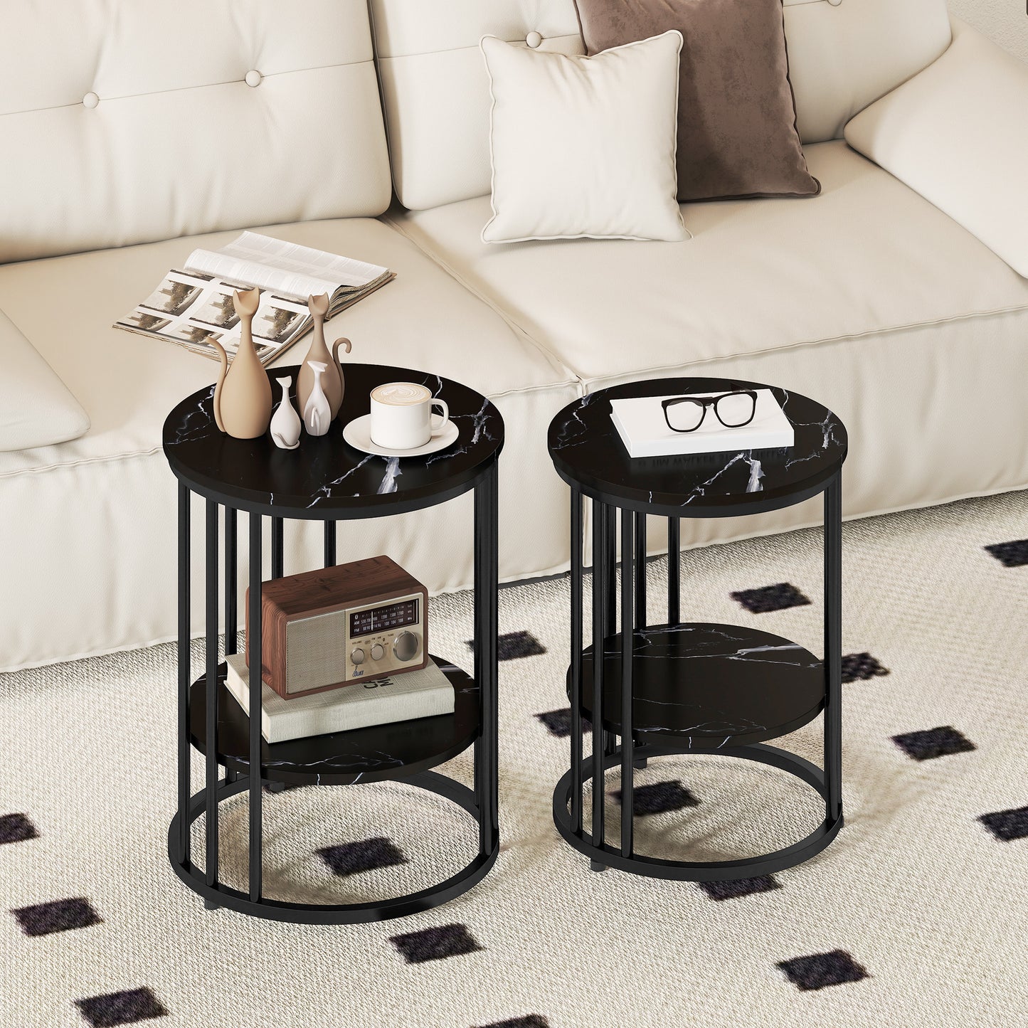 Nesting Coffee Tables Set - Marble Effect Black