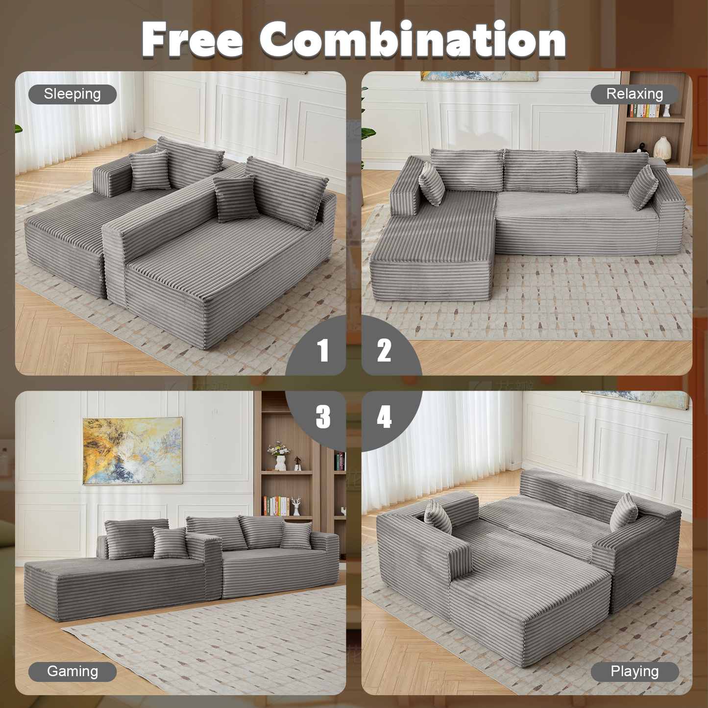 Grey Corduroy Sectional Sofa with Chaise - Modular L-Shape Couch