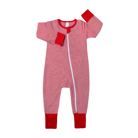 Red and white striped baby onesie with matching hat on a white background
