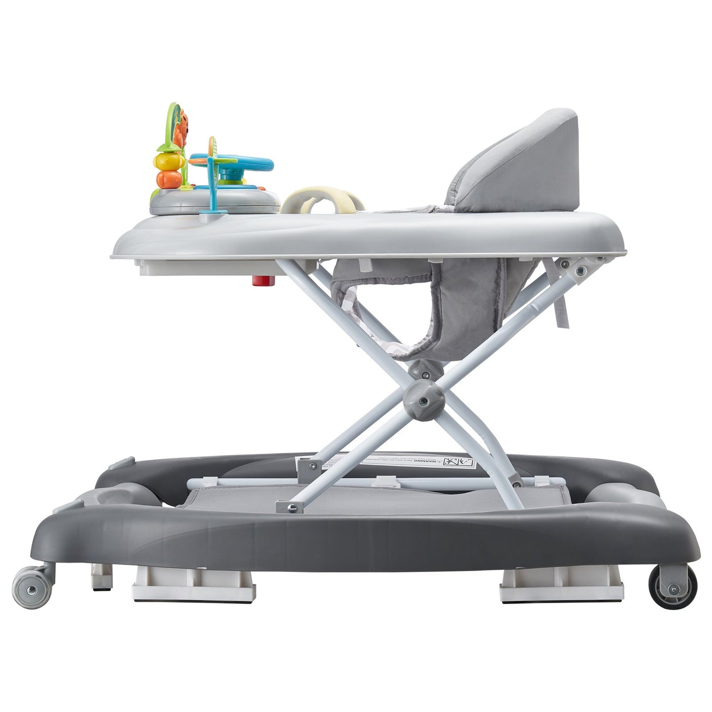 Baby walker with adjustable tray and colorful toys on a white background