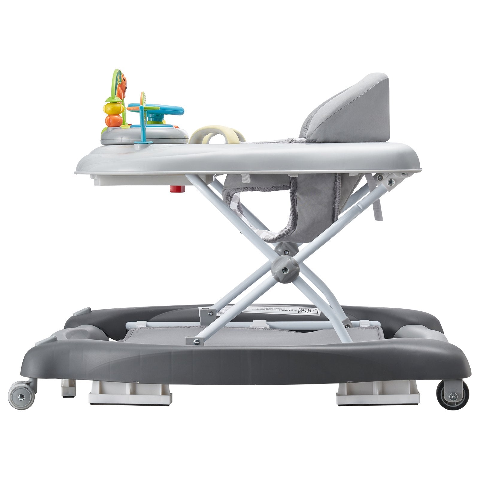 Baby walker with adjustable tray and colorful toys on a white background