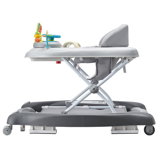 Baby walker with adjustable tray and colorful toys on a white background