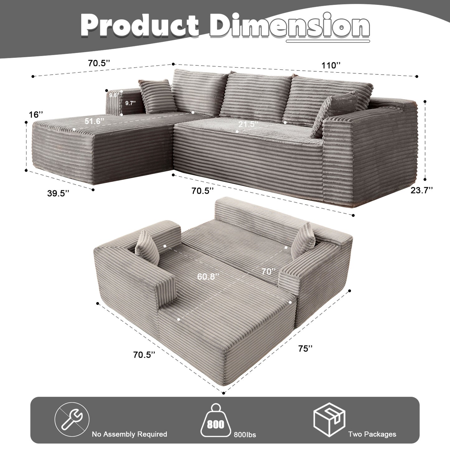 Grey Corduroy Sectional Sofa with Chaise - Modular L-Shape Couch