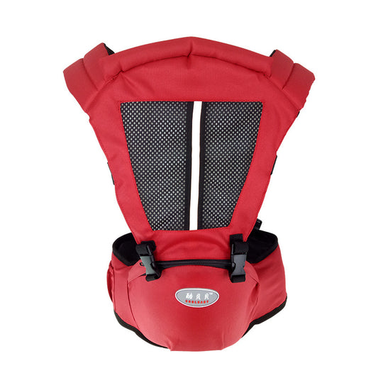 Red baby carrier with black straps on a white background