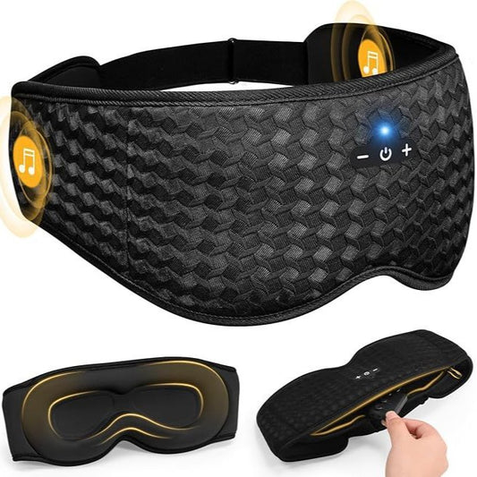Black sleep mask with Bluetooth control panel on a white background
