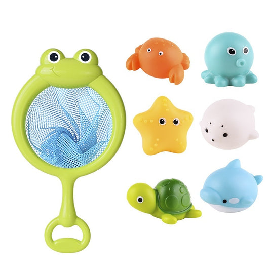 Set of colorful bath toys including a frog-shaped net, octopus, starfish, and more on a white background.