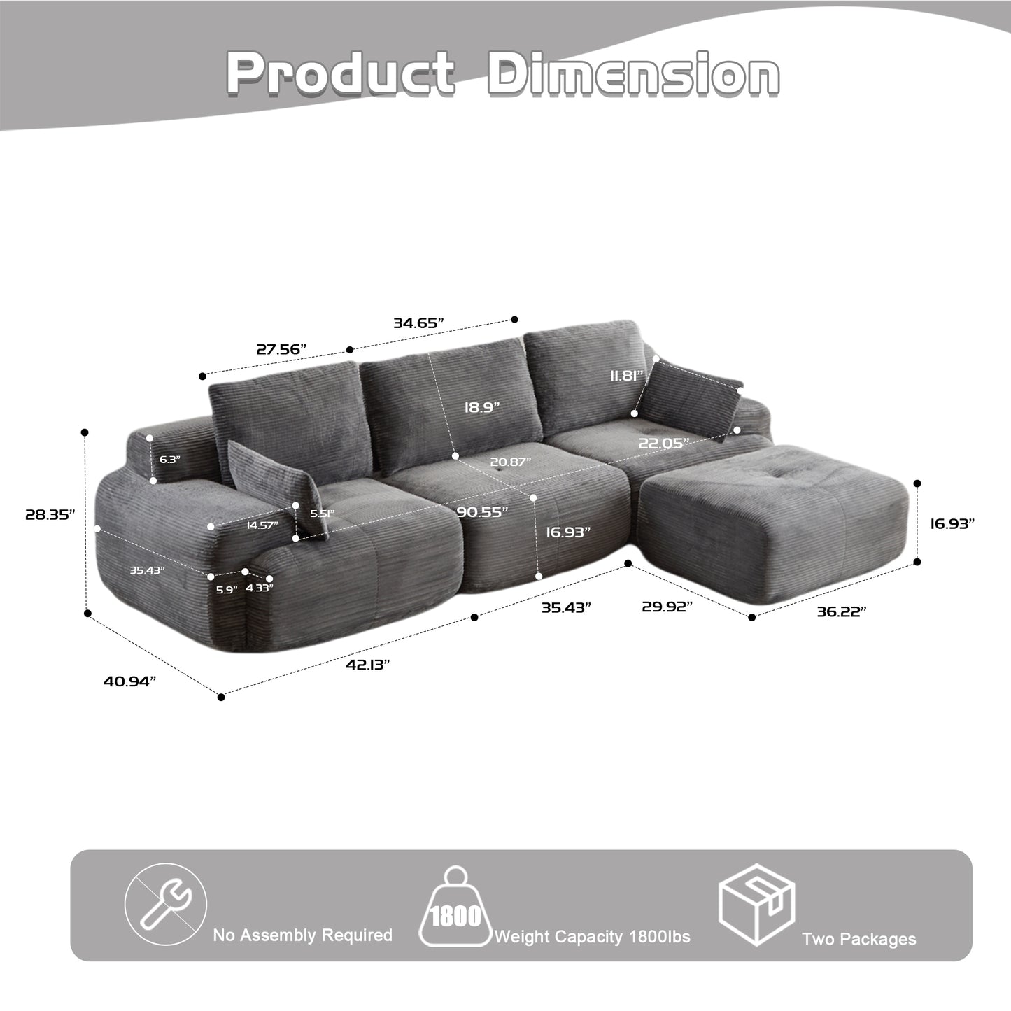Premium Memory Foam Sectional Sofa - Pet-Friendly Cloud Couch with Extra Deep Seating | Grey