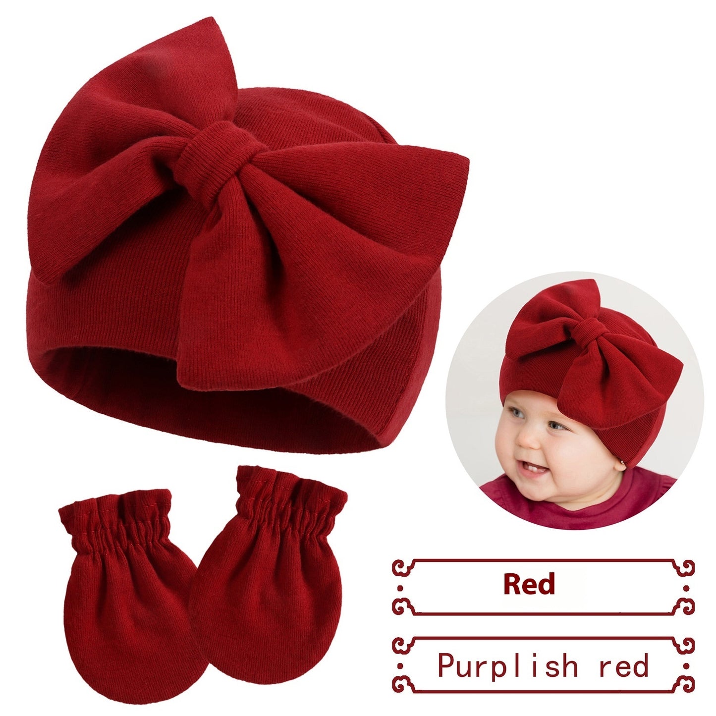 Newborn Cap & Mittens Set | Baby Bow Beanie with Gloves