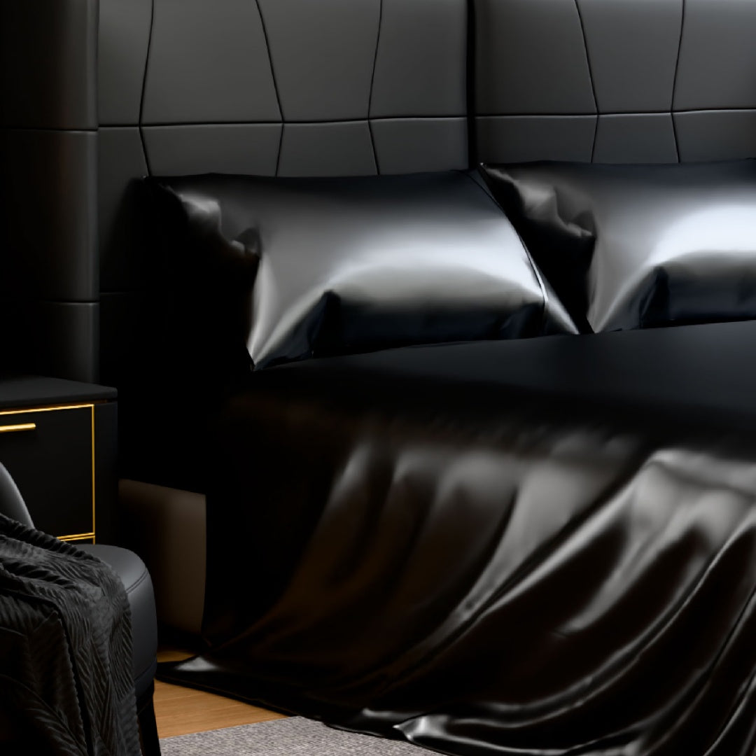 Luxury Satin Bed Sheets Set - King Size 4-Piece Silky Bedding with 15" Deep Pocket (Black)