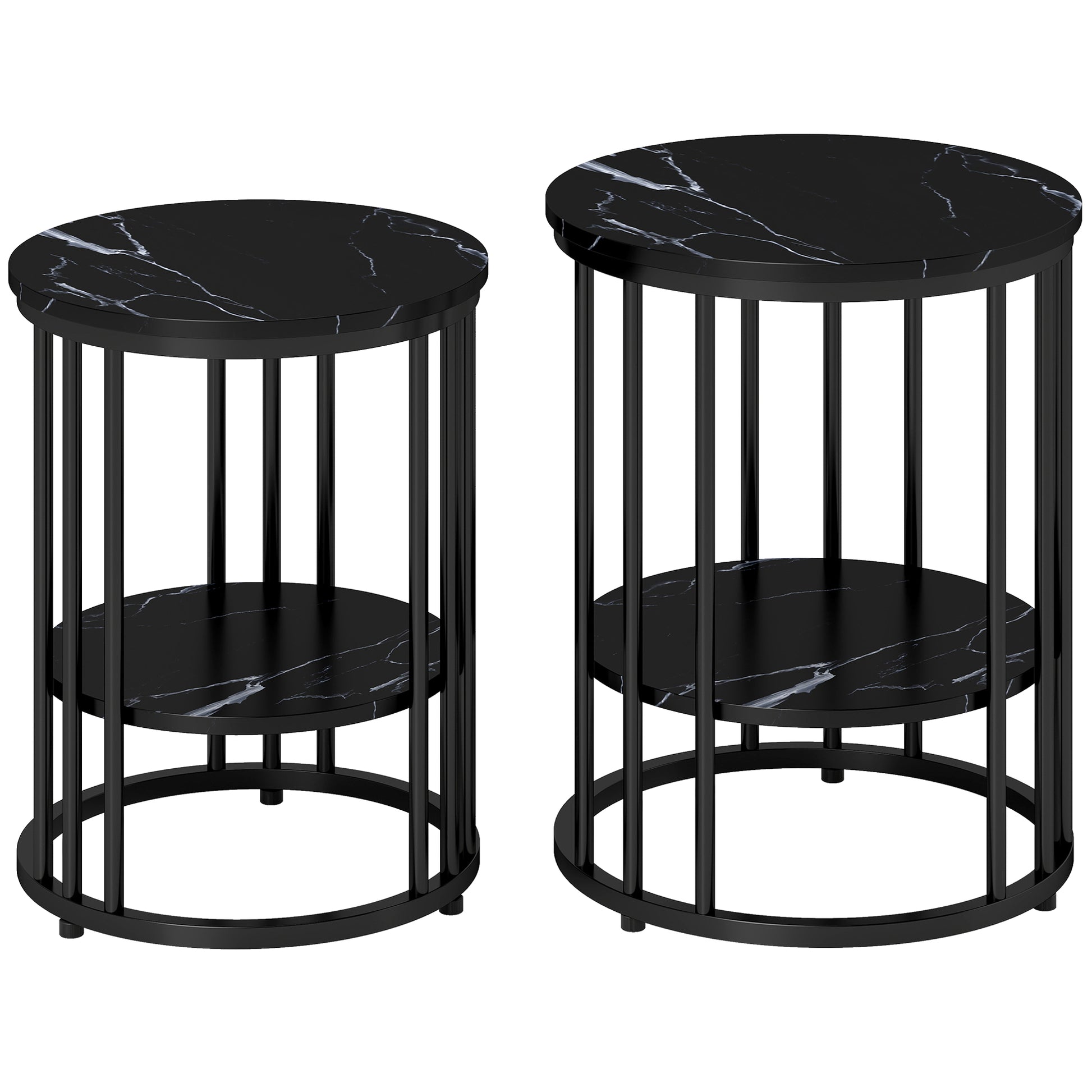 Two black marble top side tables on a white background