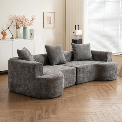 Modern Curved Corduroy Sofa with Pillows - Soft Fabric Living Room Seating