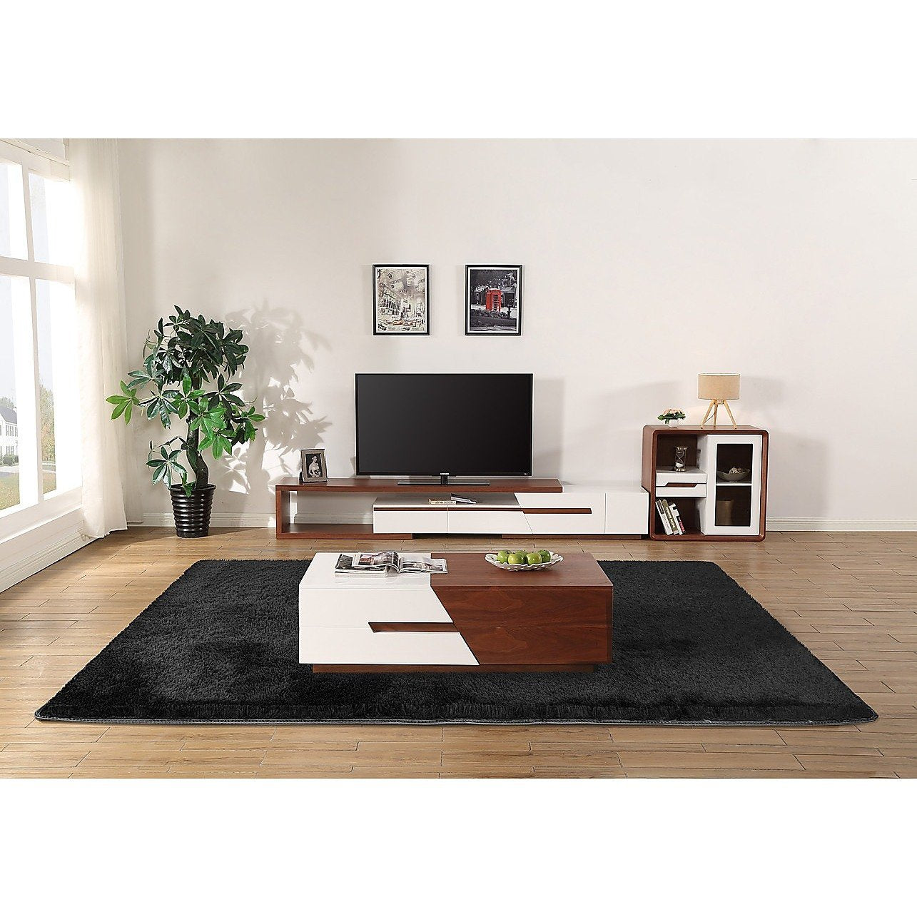 Modern living room with a black rug, wooden coffee table, and TV stand.