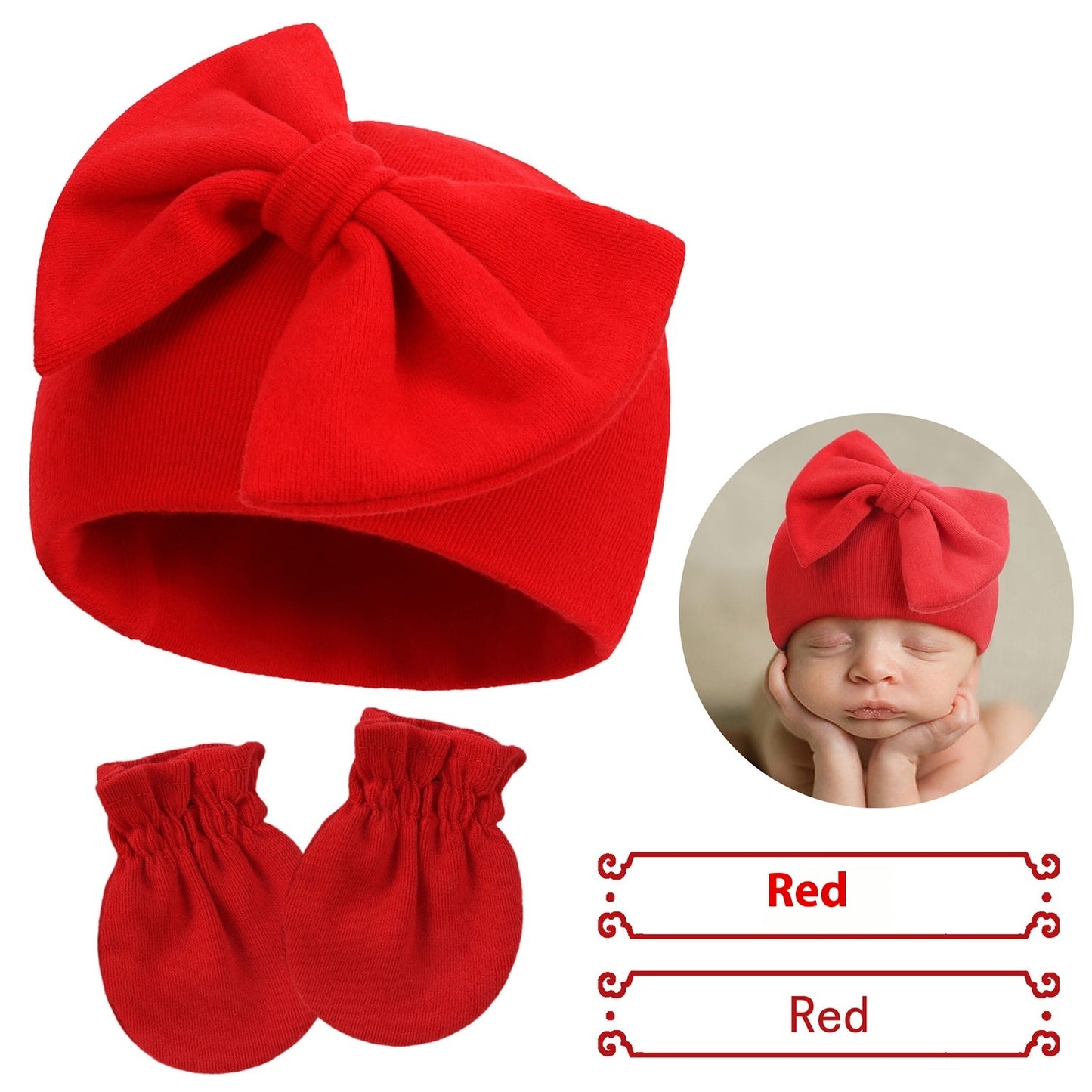 Newborn Cap & Mittens Set | Baby Bow Beanie with Gloves
