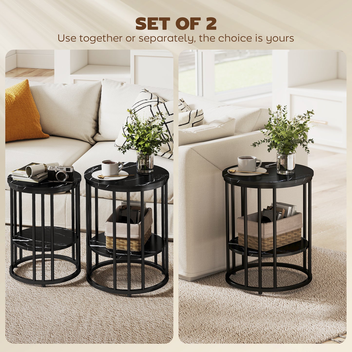 Nesting Coffee Tables Set - Marble Effect Black