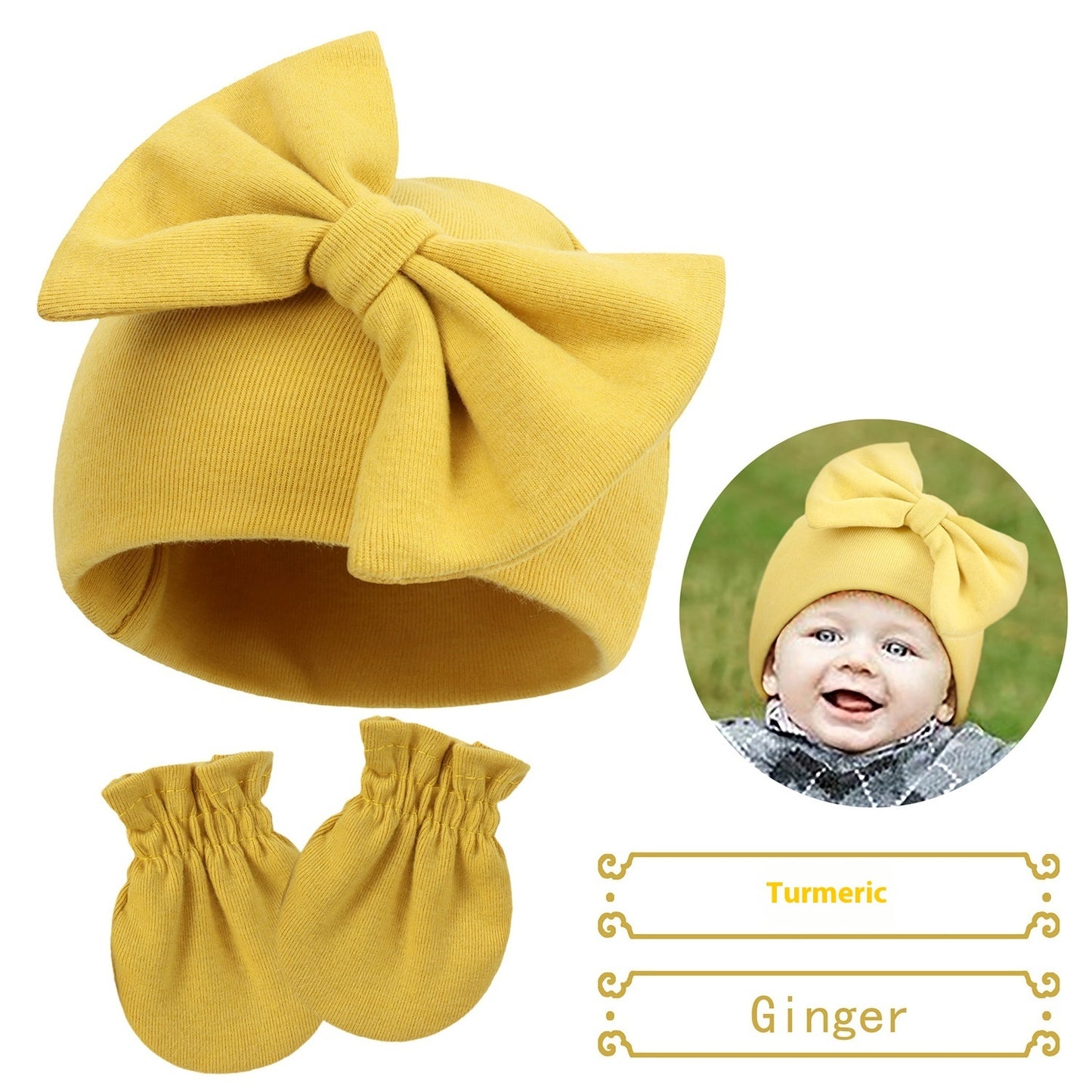 Newborn Cap & Mittens Set | Baby Bow Beanie with Gloves