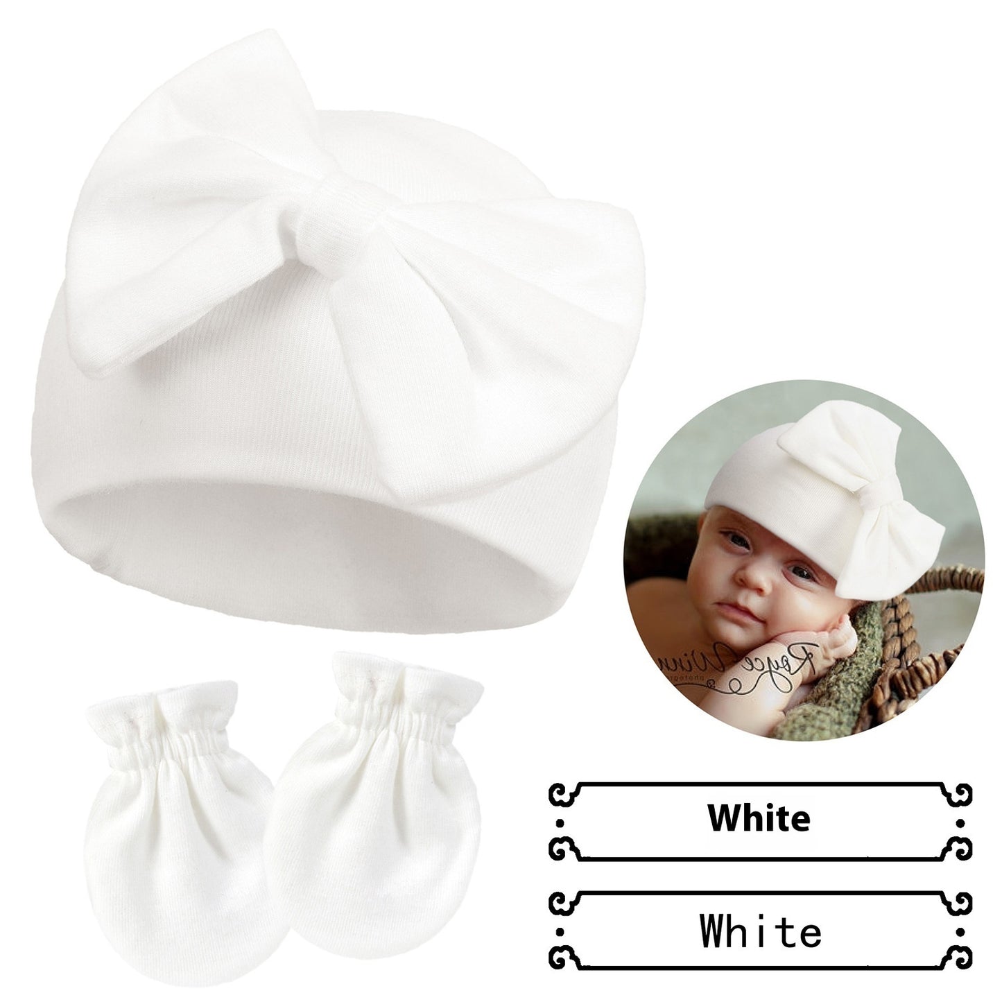 Newborn Cap & Mittens Set | Baby Bow Beanie with Gloves
