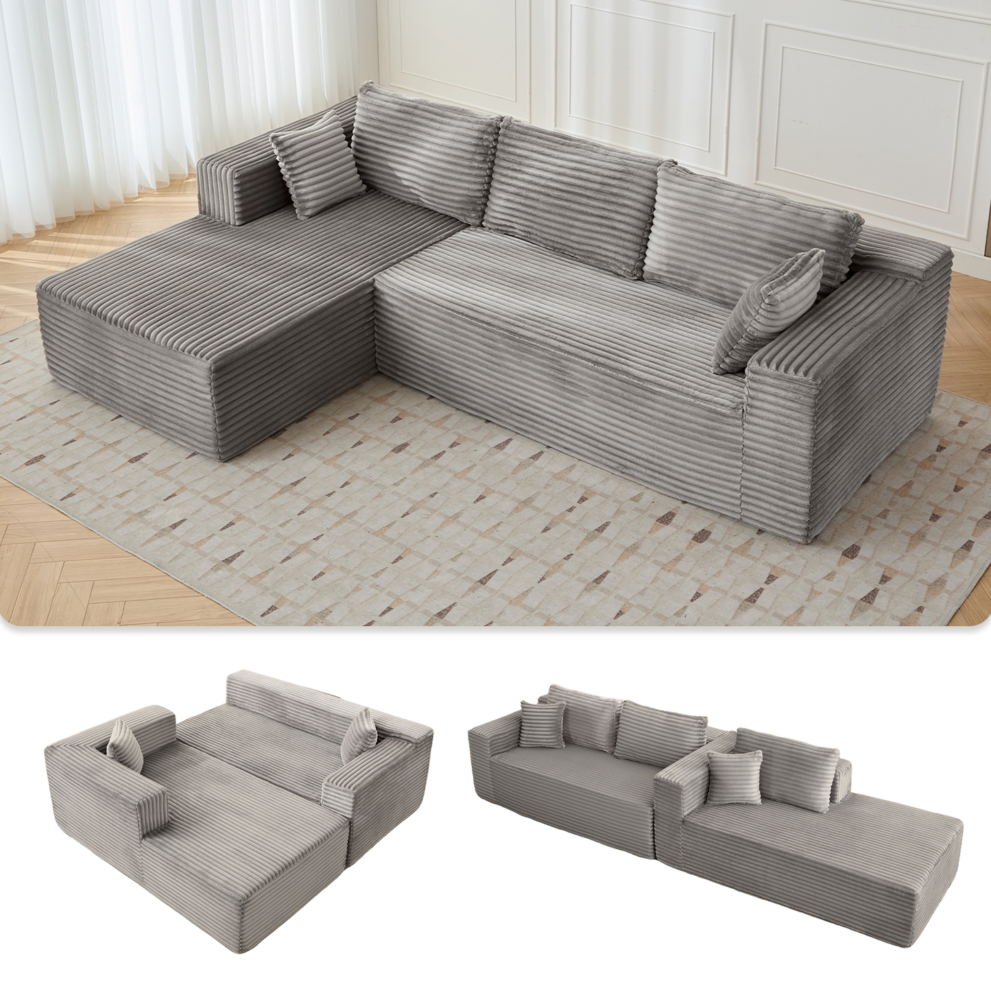 Grey Corduroy Sectional Sofa with Chaise - Modular L-Shape Couch