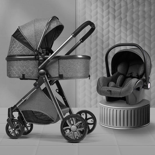 Gray baby stroller and car seat on a light gray background