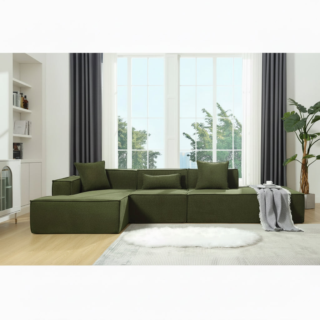 Modular living room sofa set in modern minimalist design, versatile sectional pieces with clean lines and neutral upholstery for contemporary customizable seating