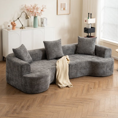 Modern Curved Corduroy Sofa with Pillows - Soft Fabric Living Room Seating