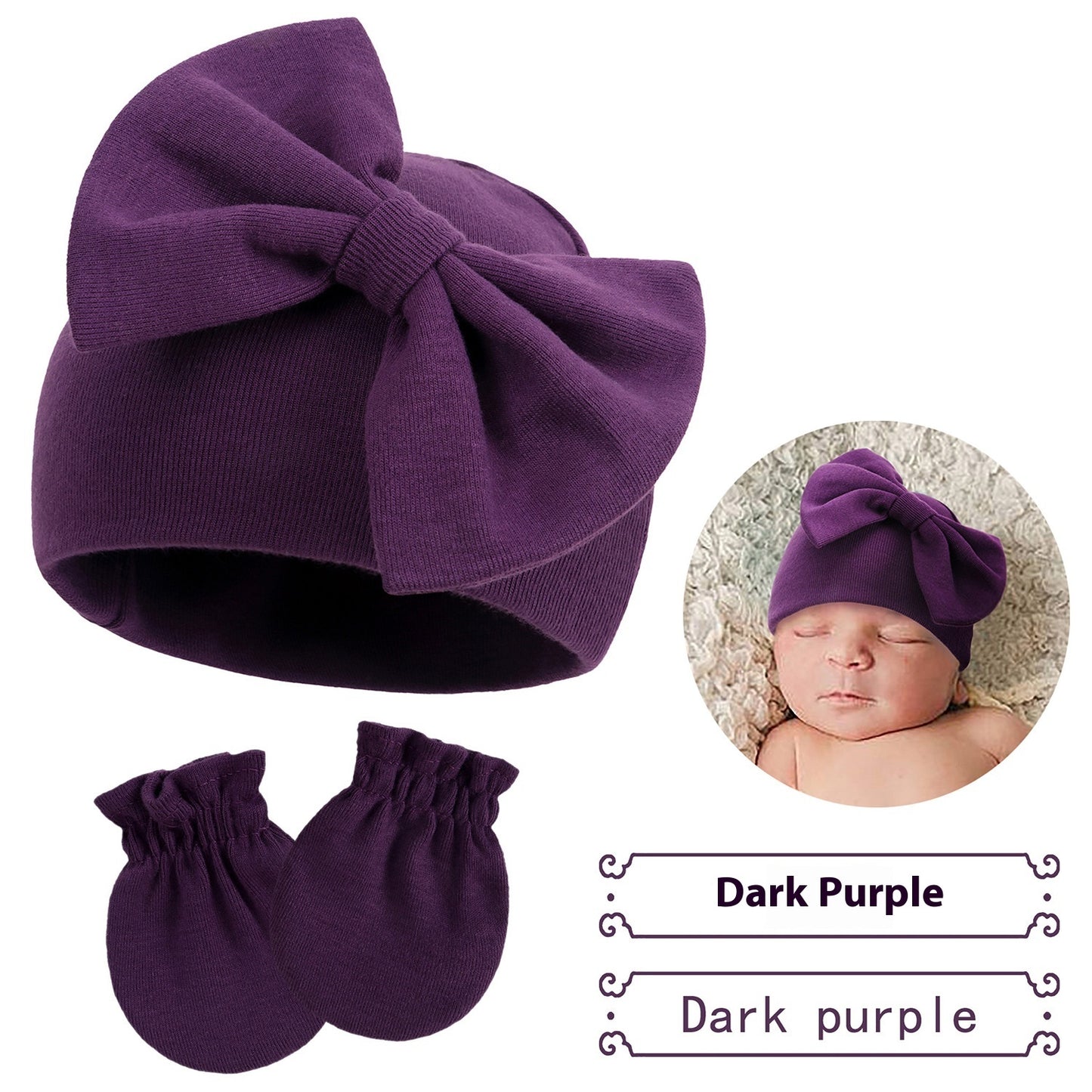 Newborn Cap & Mittens Set | Baby Bow Beanie with Gloves