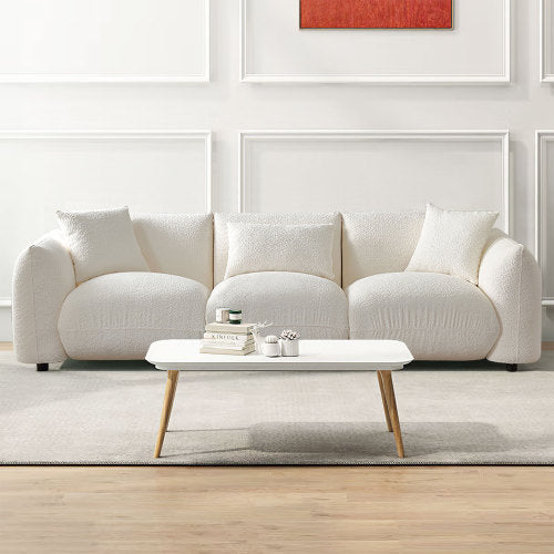 Mid-Century Modern 3-Seater Sofa - Beige Boucle Upholstered Couch