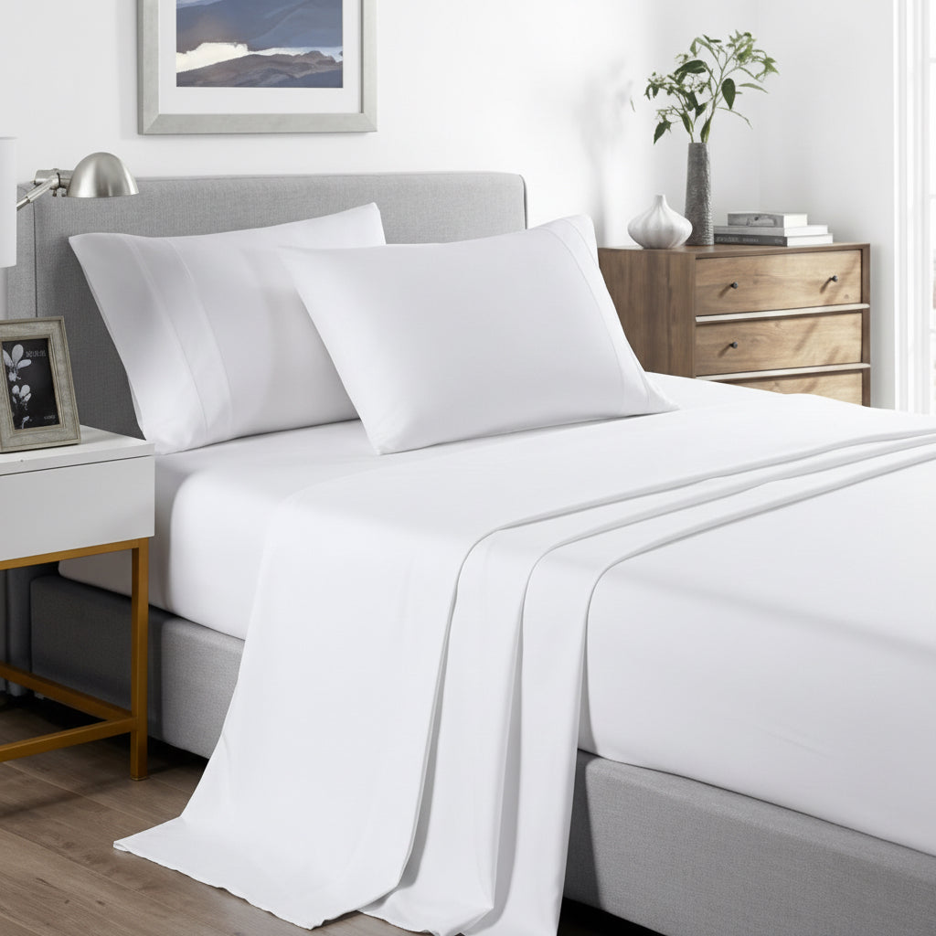 White bed sheets and pillows on a neatly made bed in a bedroom setting.