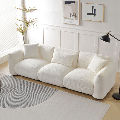 Mid-Century Modern 3-Seater Sofa - Beige Boucle Upholstered Couch