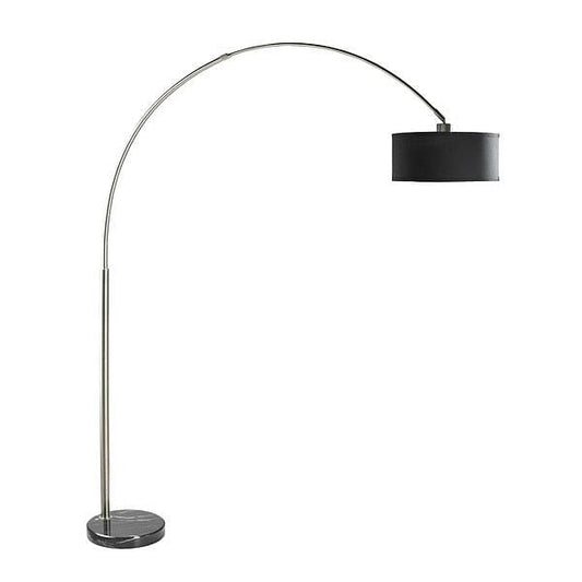 81-inch arch floor lamp in modern black finish with drum shade and marble base, elegant curved design for contemporary living room lighting