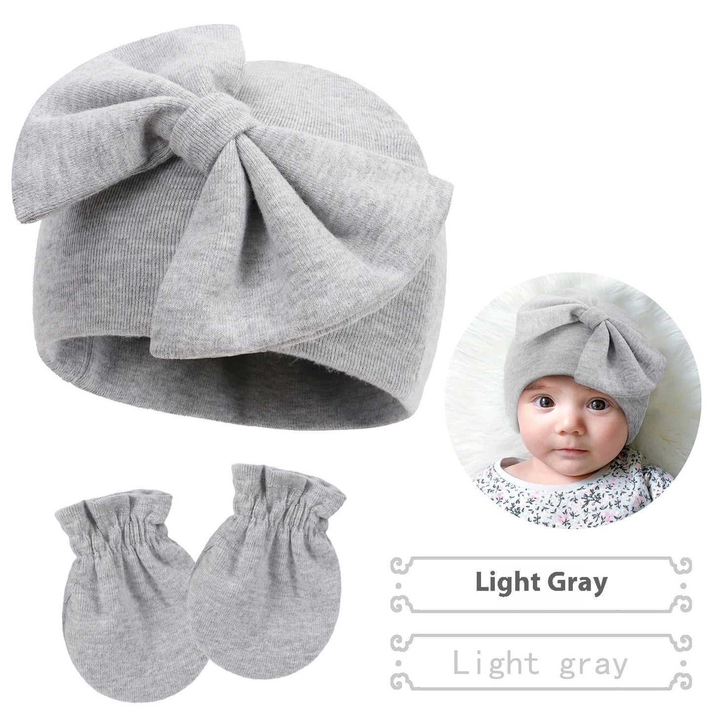 Newborn Cap & Mittens Set | Baby Bow Beanie with Gloves