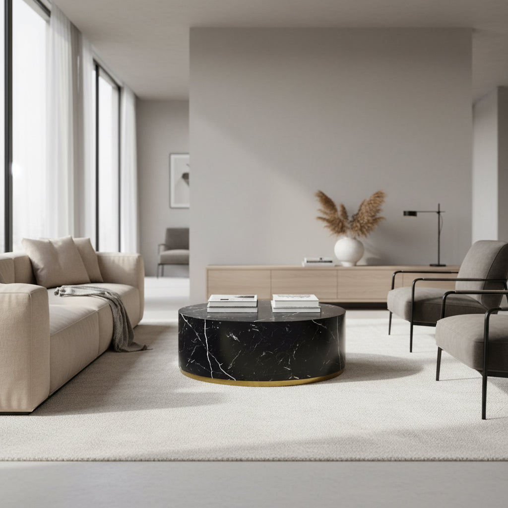 Modern faux marble coffee table with white marble-effect top and black metal legs, 35.43 inches wide, elegant accent table for contemporary living room decor