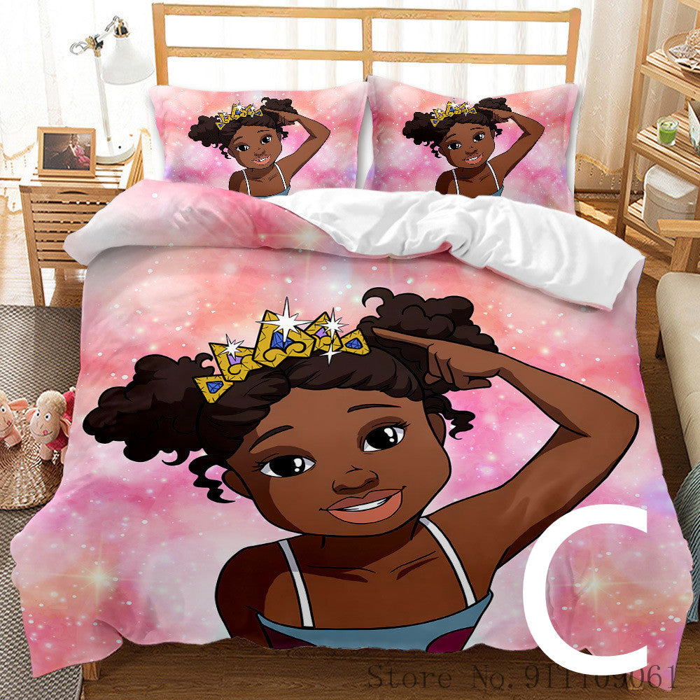 Bedding set with a girl wearing a tiara design on a pink background