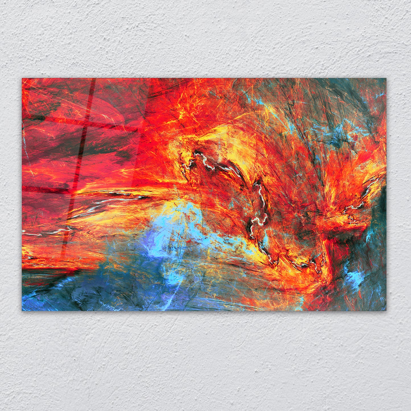 Abstract painting with vibrant red, orange, and blue colors on a textured white wall.