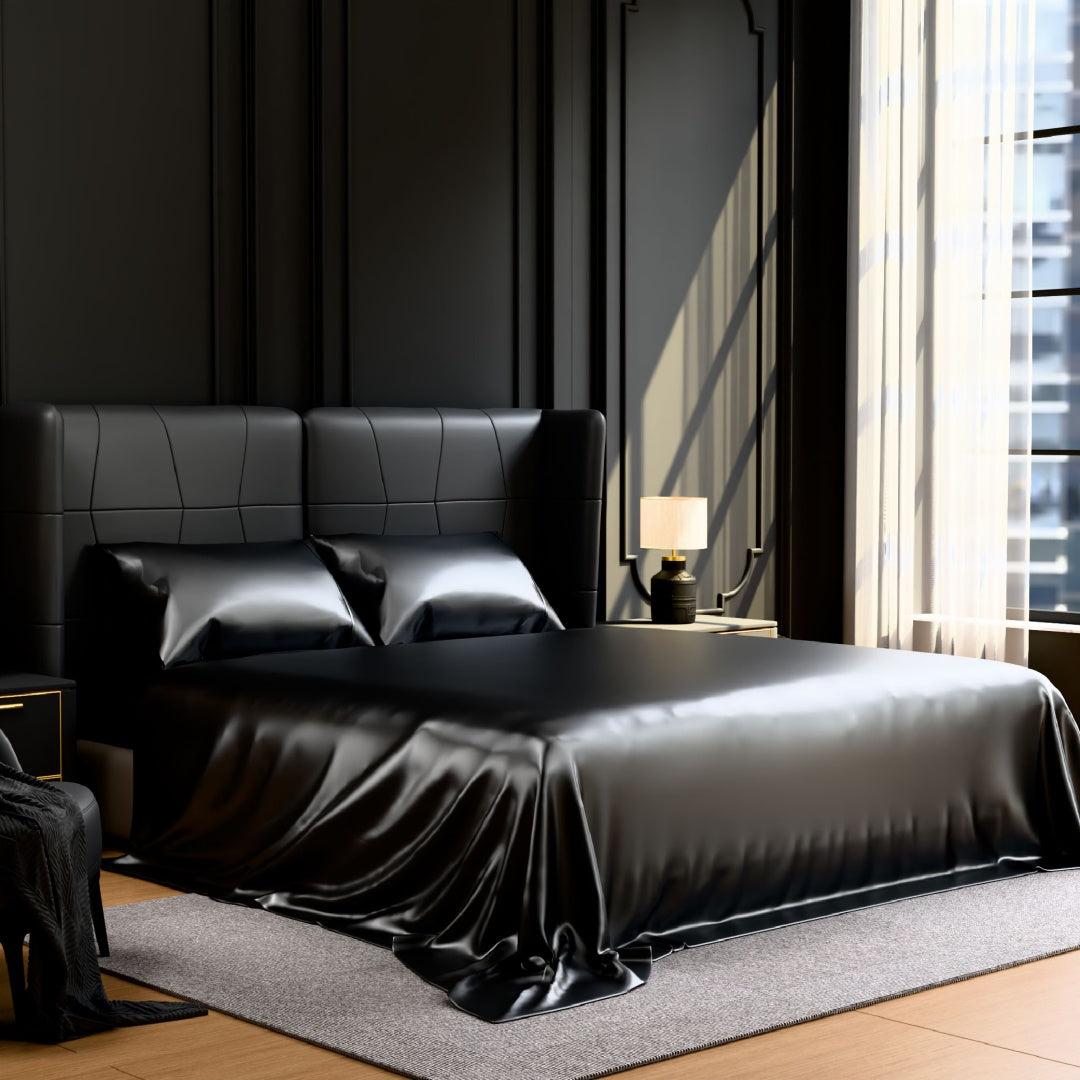 Luxury Satin Bed Sheets Set - King Size 4-Piece Silky Bedding with 15" Deep Pocket (Black)