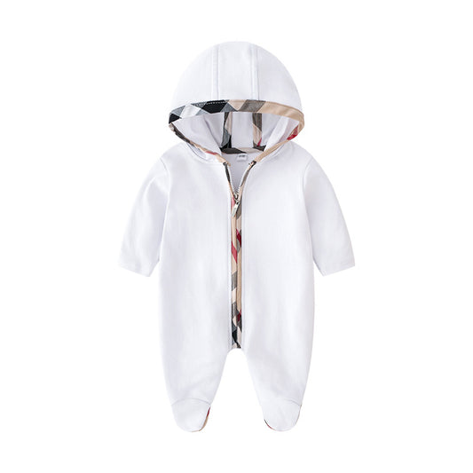 White baby onesie with a patterned zipper on a white background