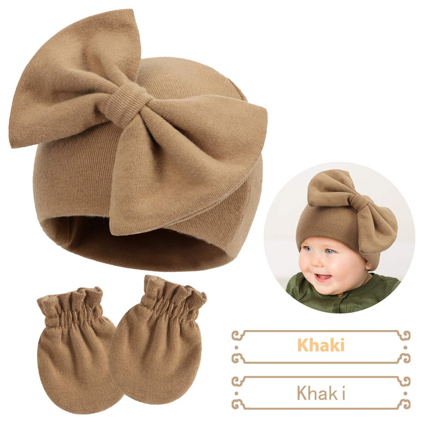 Newborn Cap & Mittens Set | Baby Bow Beanie with Gloves