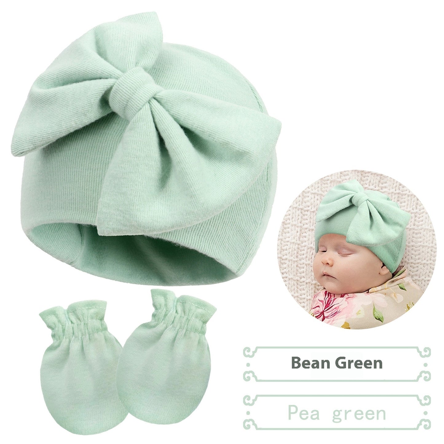 Newborn Cap & Mittens Set | Baby Bow Beanie with Gloves