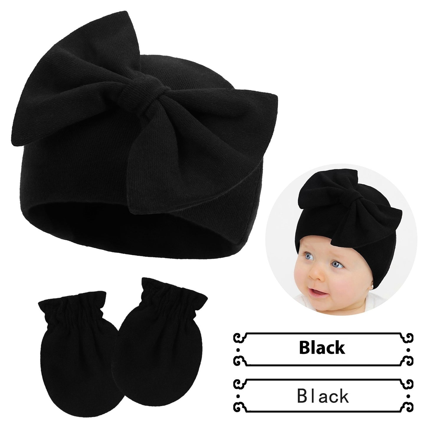 Newborn Cap & Mittens Set | Baby Bow Beanie with Gloves