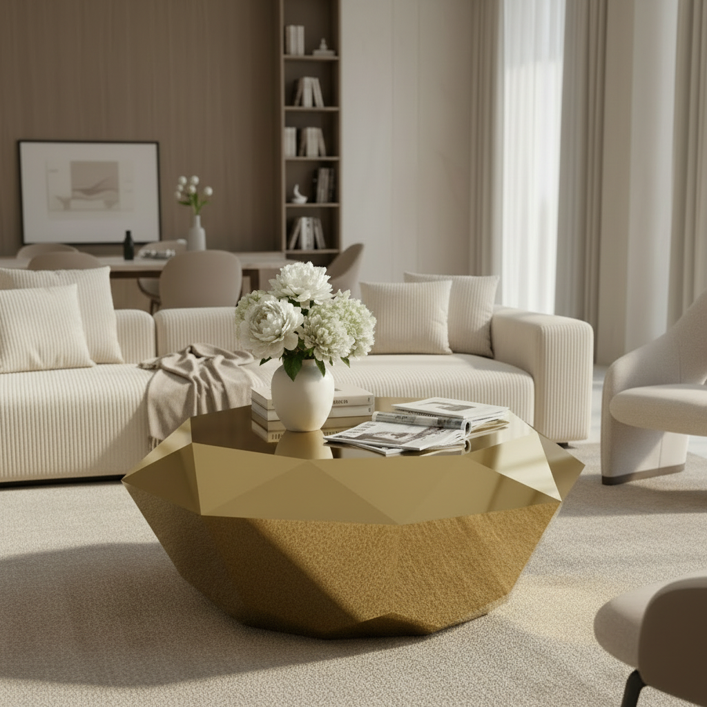Gold geometric coffee table with decorative items on a white background
