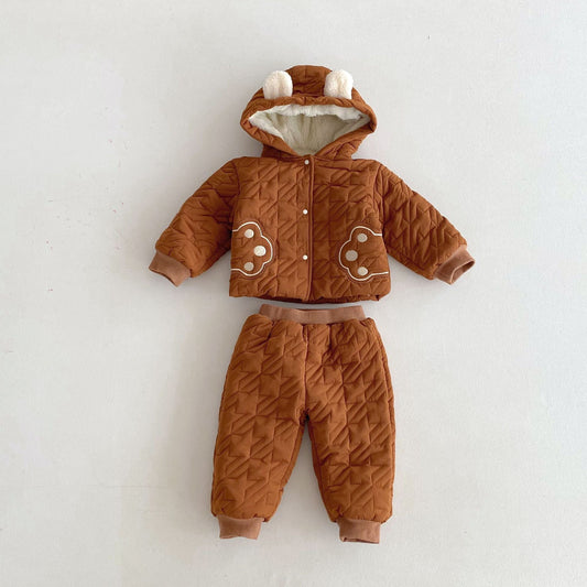 Winter baby teddy coat set with hooded paws pattern and thick pants, warm fleece outfit with cute animal ears and matching bottoms for cold weather comfort